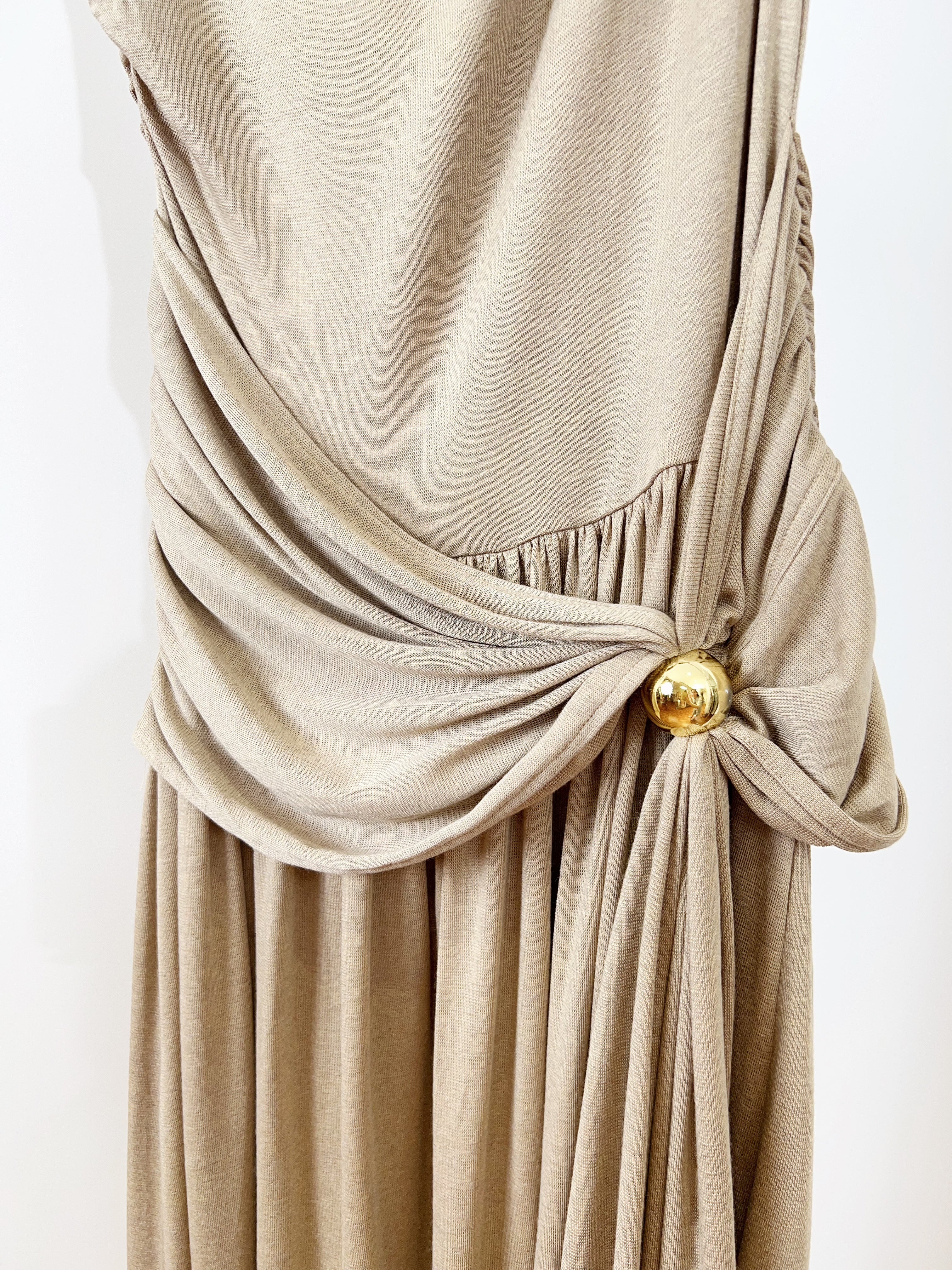 Vintage One Shoulder Gold Beaded Satin Maxi Dress