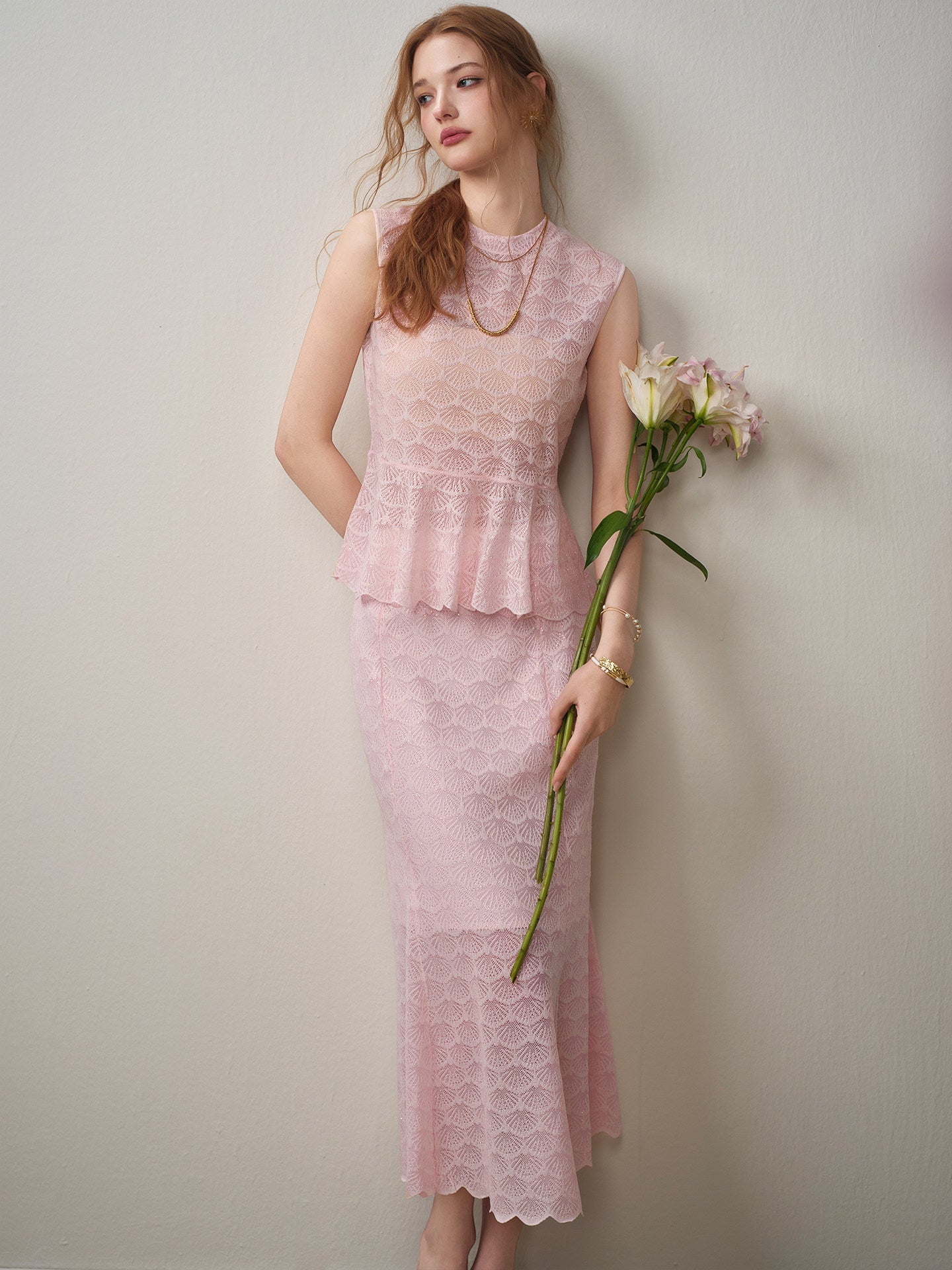 Blush Shell Lace Peplum Mermaid Co-ord
