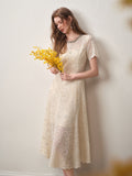 Cream White Beaded-neck Lace Knit Mermaid Midi Dress