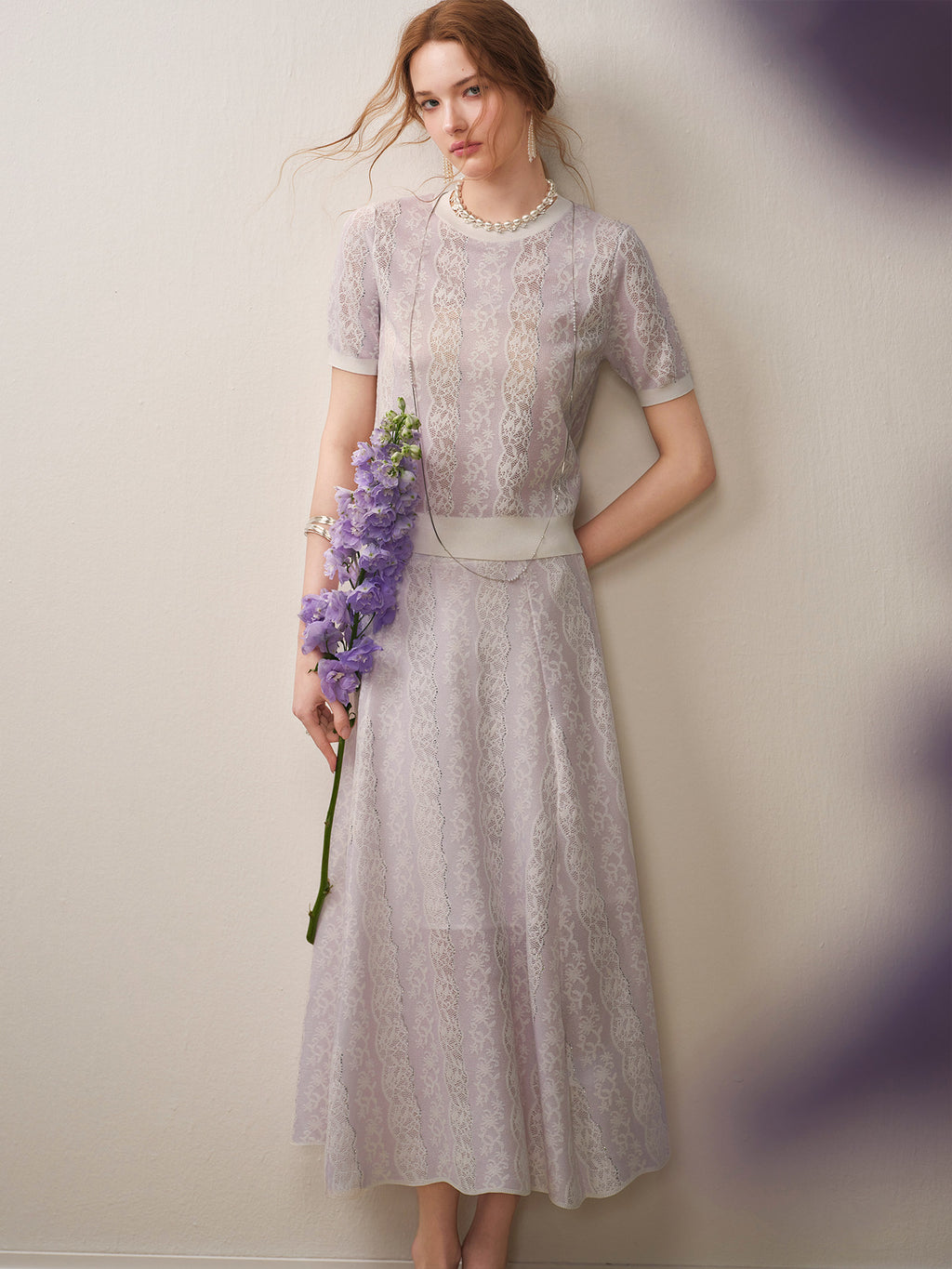 Lilac Violet Crew Neck Knit A-line Midi Dress