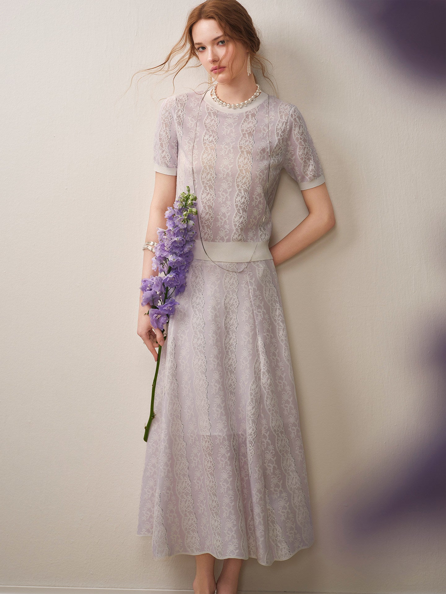 Lilac Violet Crew Neck Knit A-line Midi Dress