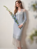 Delphinium Long-sleeve Button-Front Gradient Mesh Knit Mermaid Co-ord