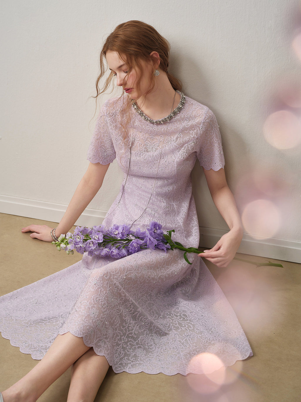 Lilac Beaded Collar Sparkly Lace Midi Dress