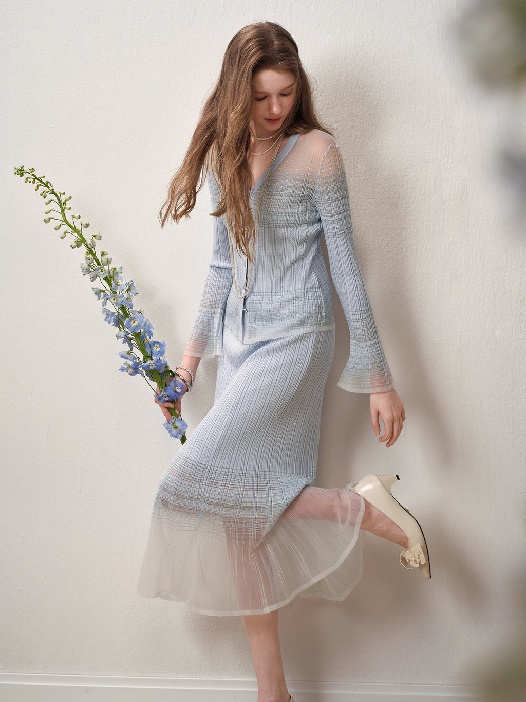 Delphinium Long-sleeve Button-Front Gradient Mesh Knit Mermaid Co-ord