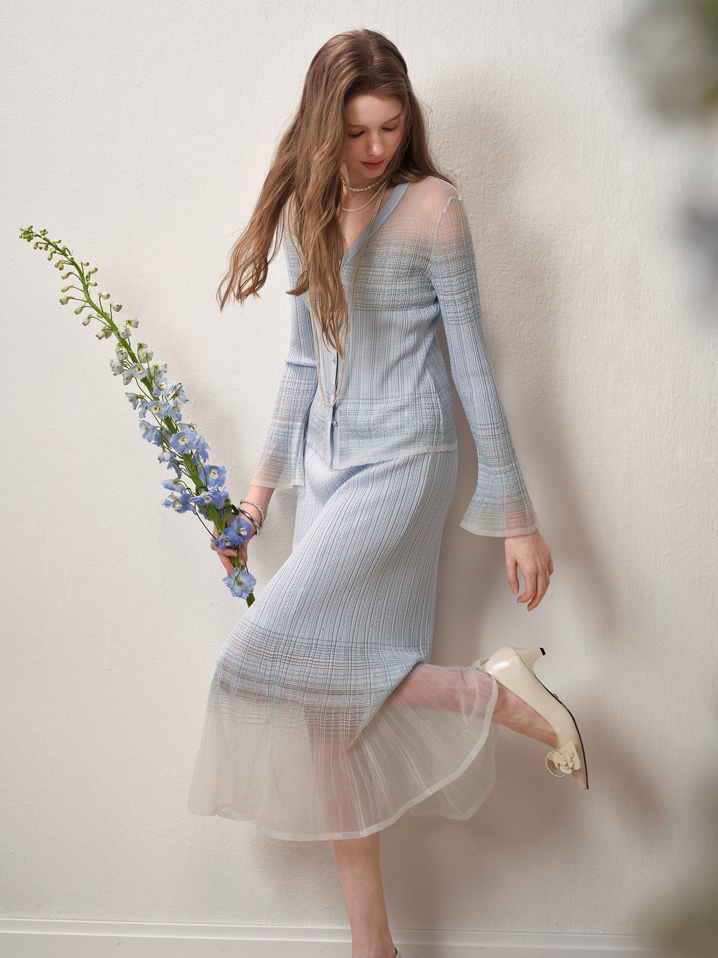 Delphinium Long-sleeve Button-Front Gradient Mesh Knit Mermaid Co-ord