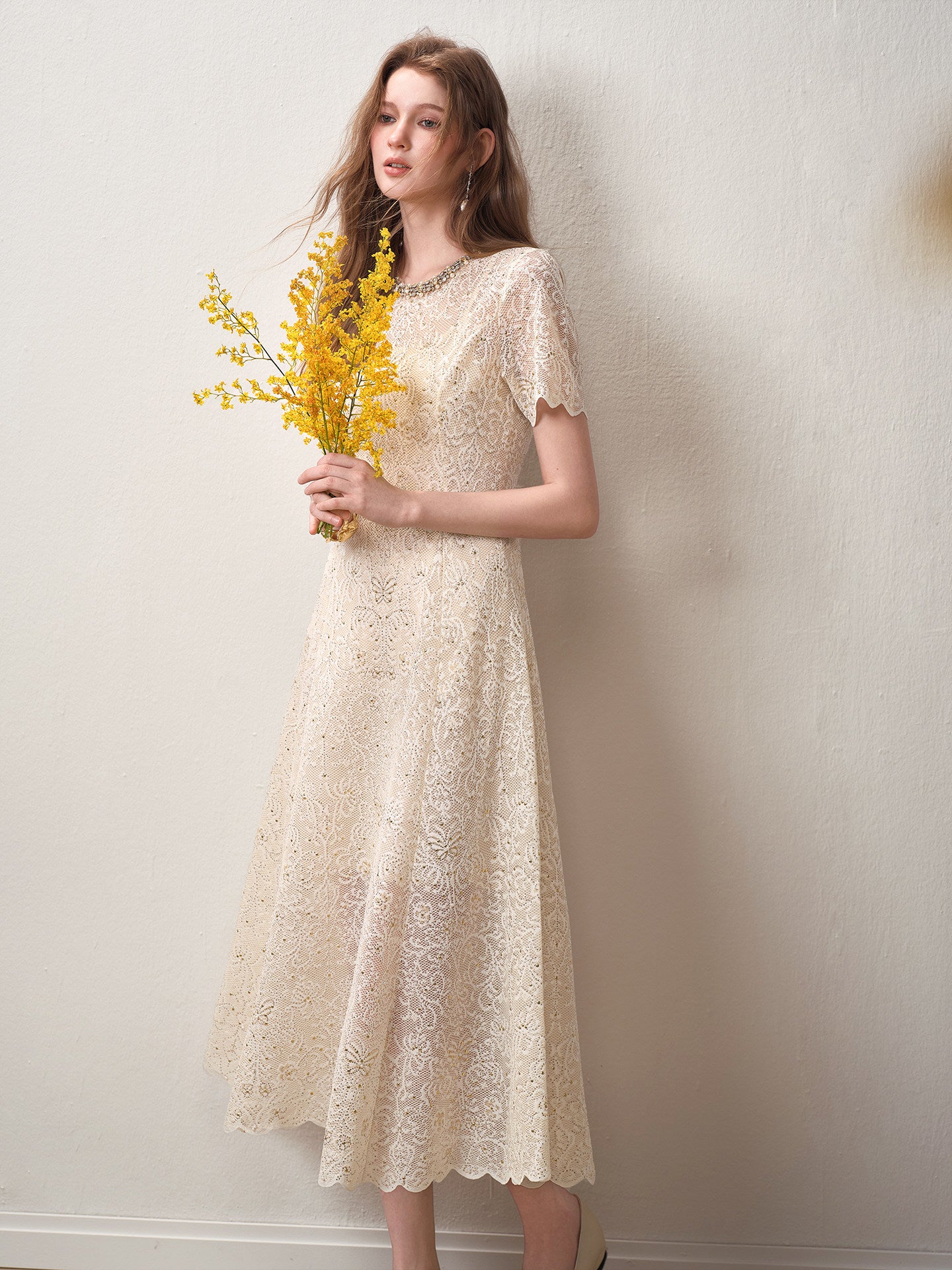 Cream White Beaded-neck Lace Knit Mermaid Midi Dress