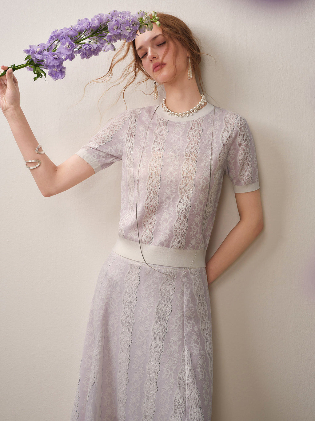 Lilac Violet Crew Neck Knit A-line Midi Dress