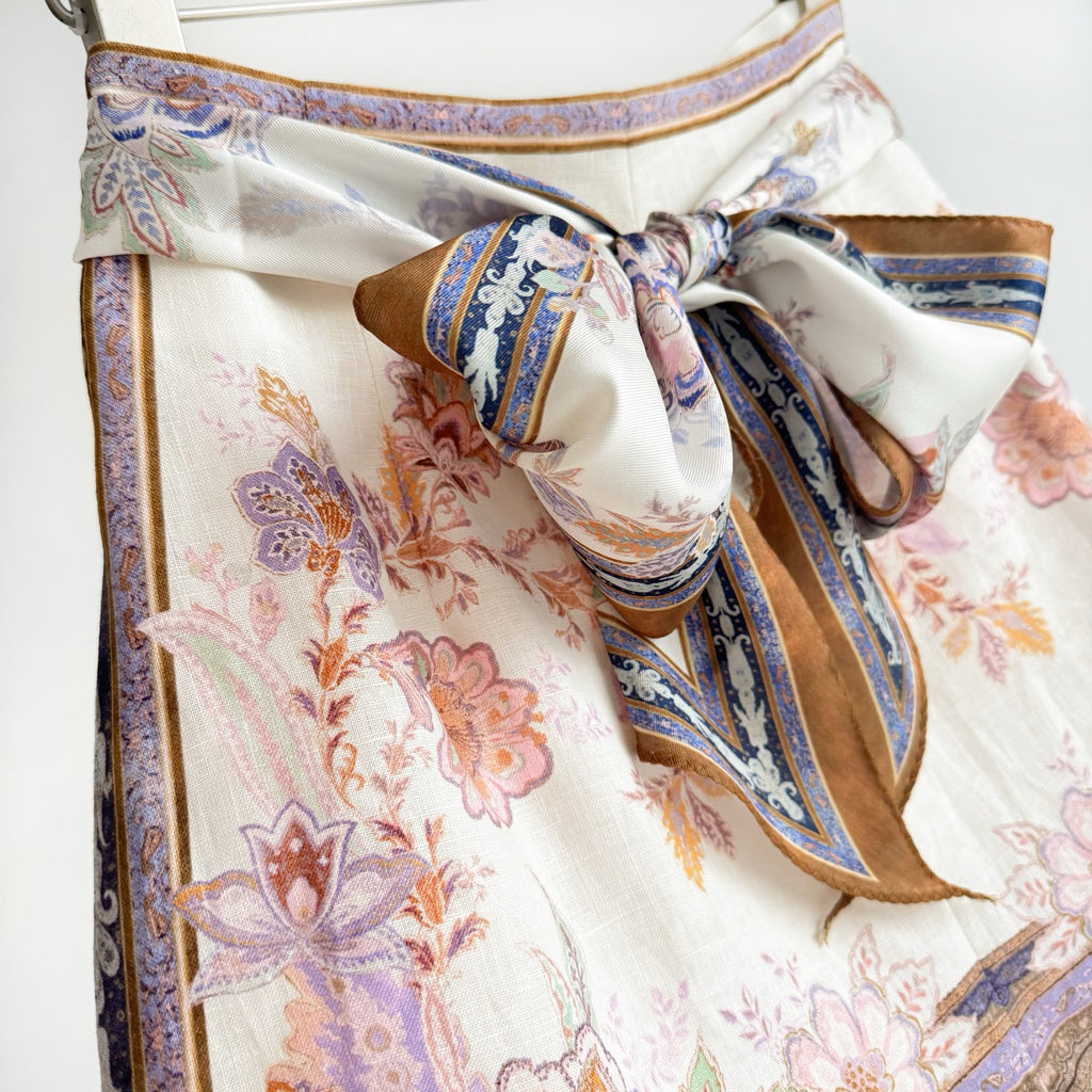 Cream Vintage Scarf Print Bow-Tie High-Waisted A-line Shorts