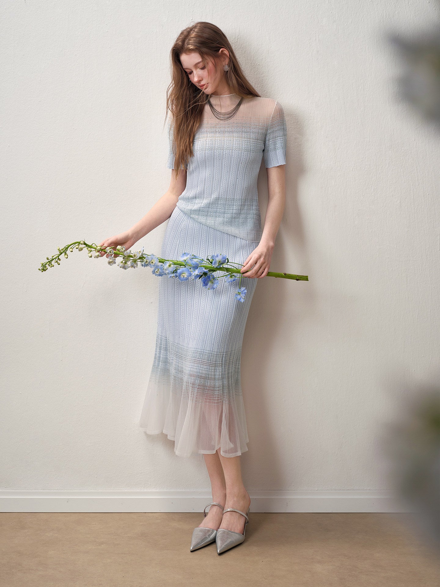 Delphinium Short-Sleeve Gradient Mesh Knit Mermaid Co-ord