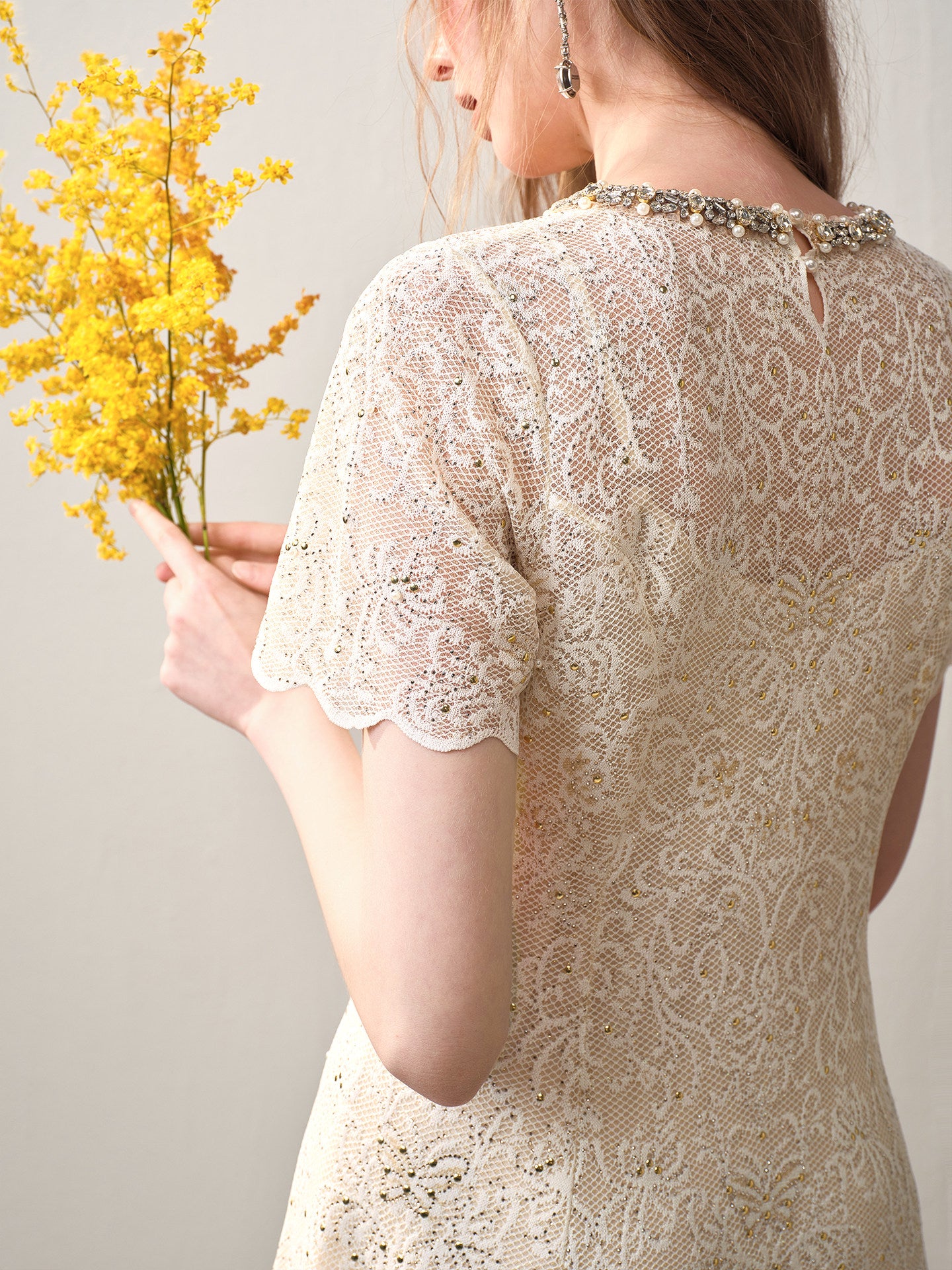 Cream White Beaded-neck Lace Knit Mermaid Midi Dress