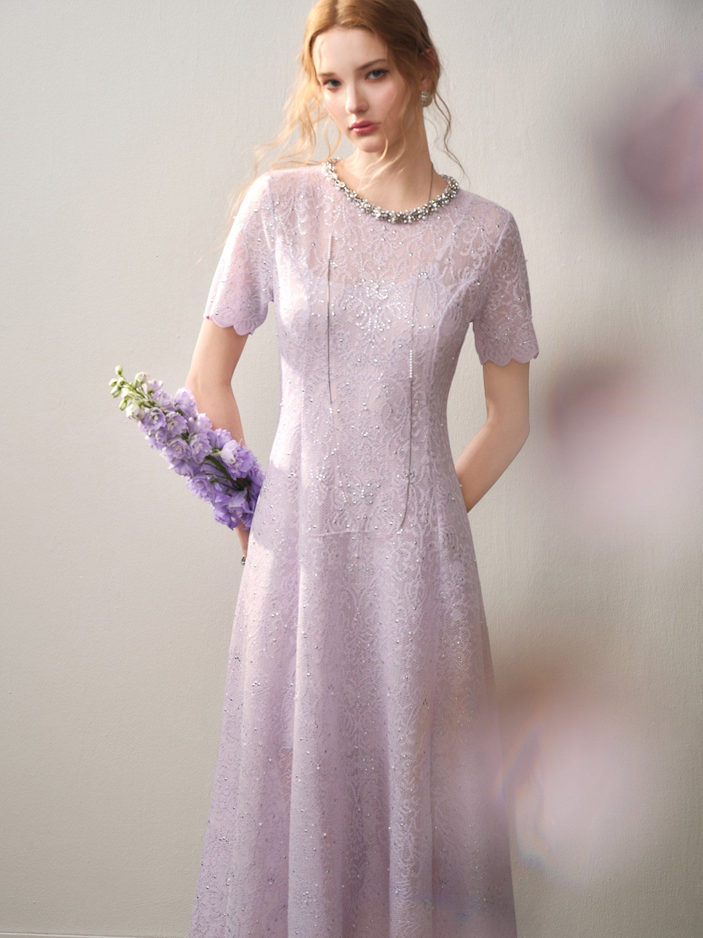 Lilac Beaded Collar Sparkly Lace Midi Dress
