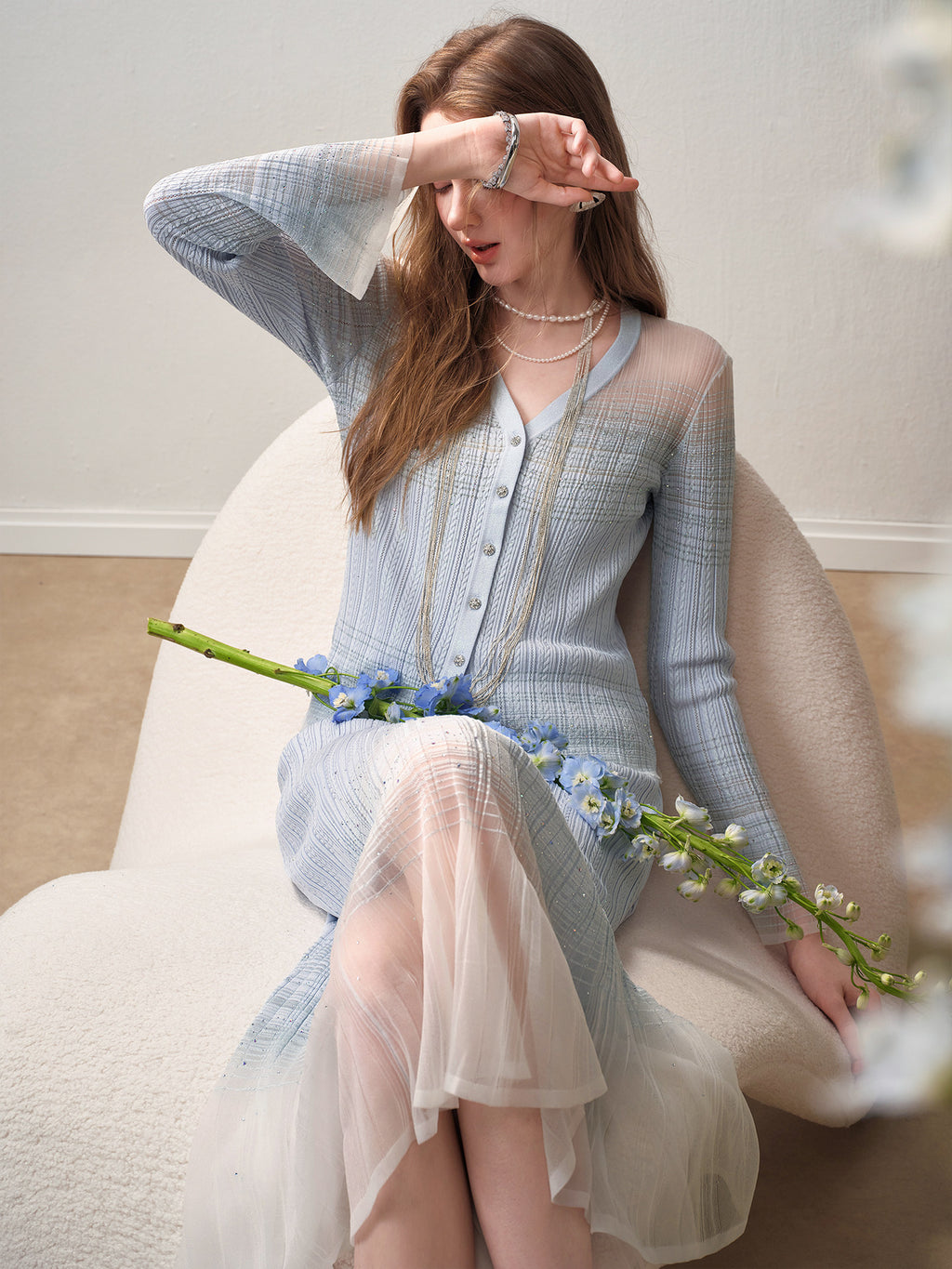 Delphinium Long-sleeve Button-Front Gradient Mesh Knit Mermaid Co-ord