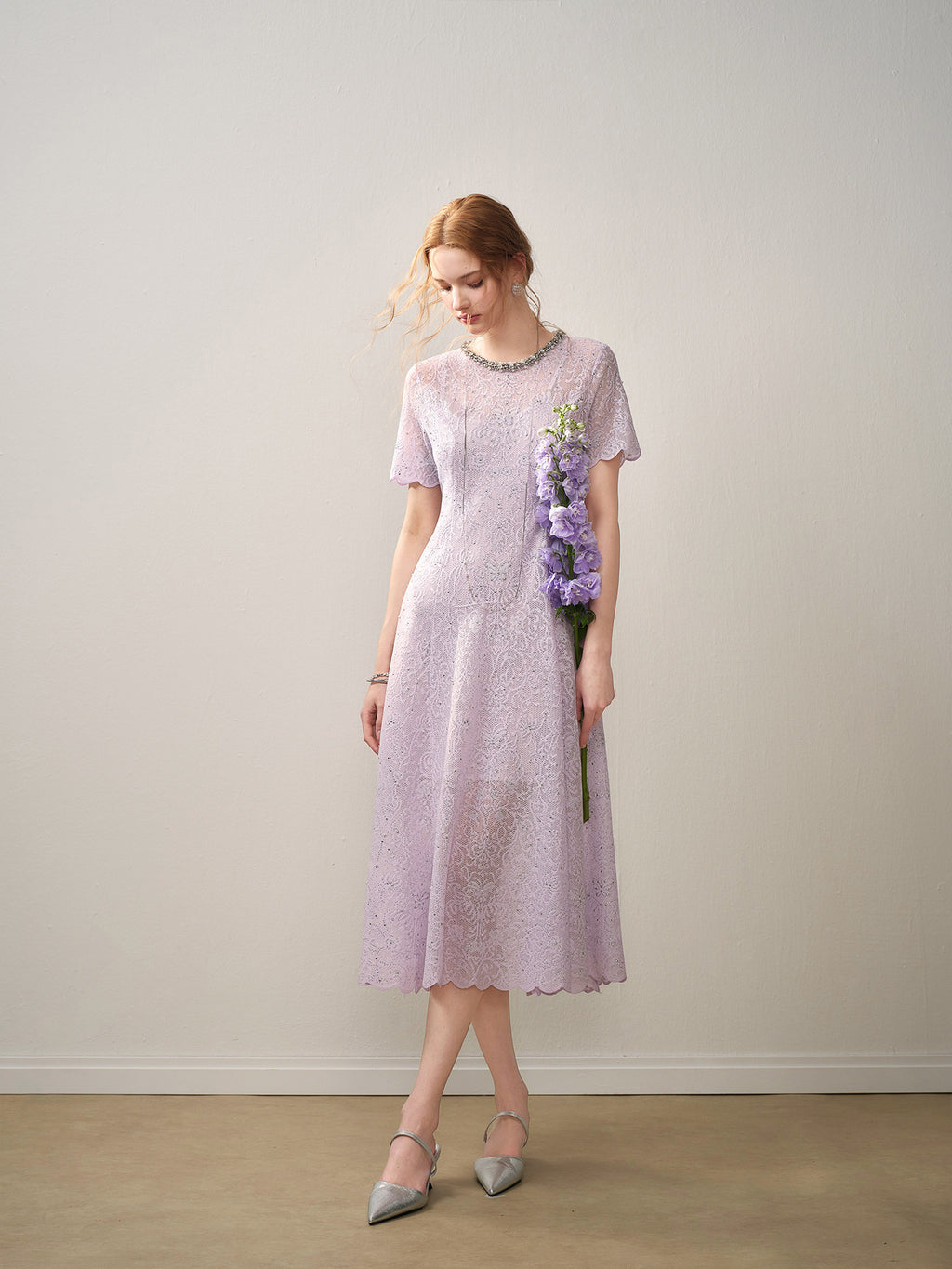 Lilac Beaded Collar Sparkly Lace Midi Dress