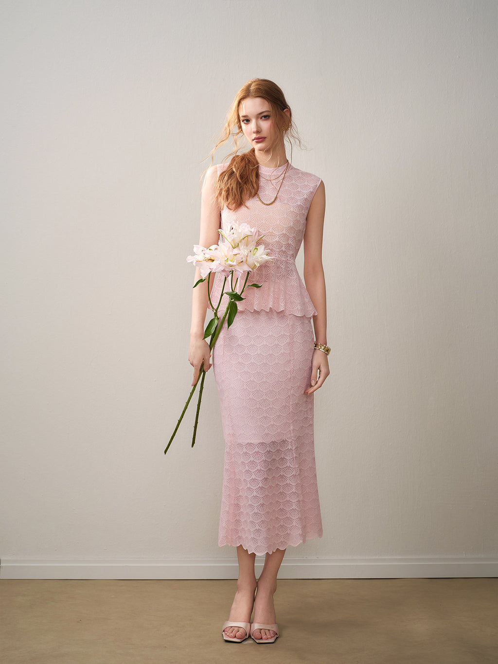 Blush Shell Lace Peplum Mermaid Co-ord