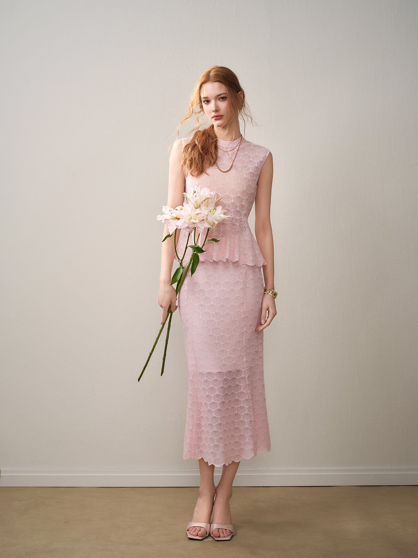 Blush Shell Lace Peplum Mermaid Co-ord