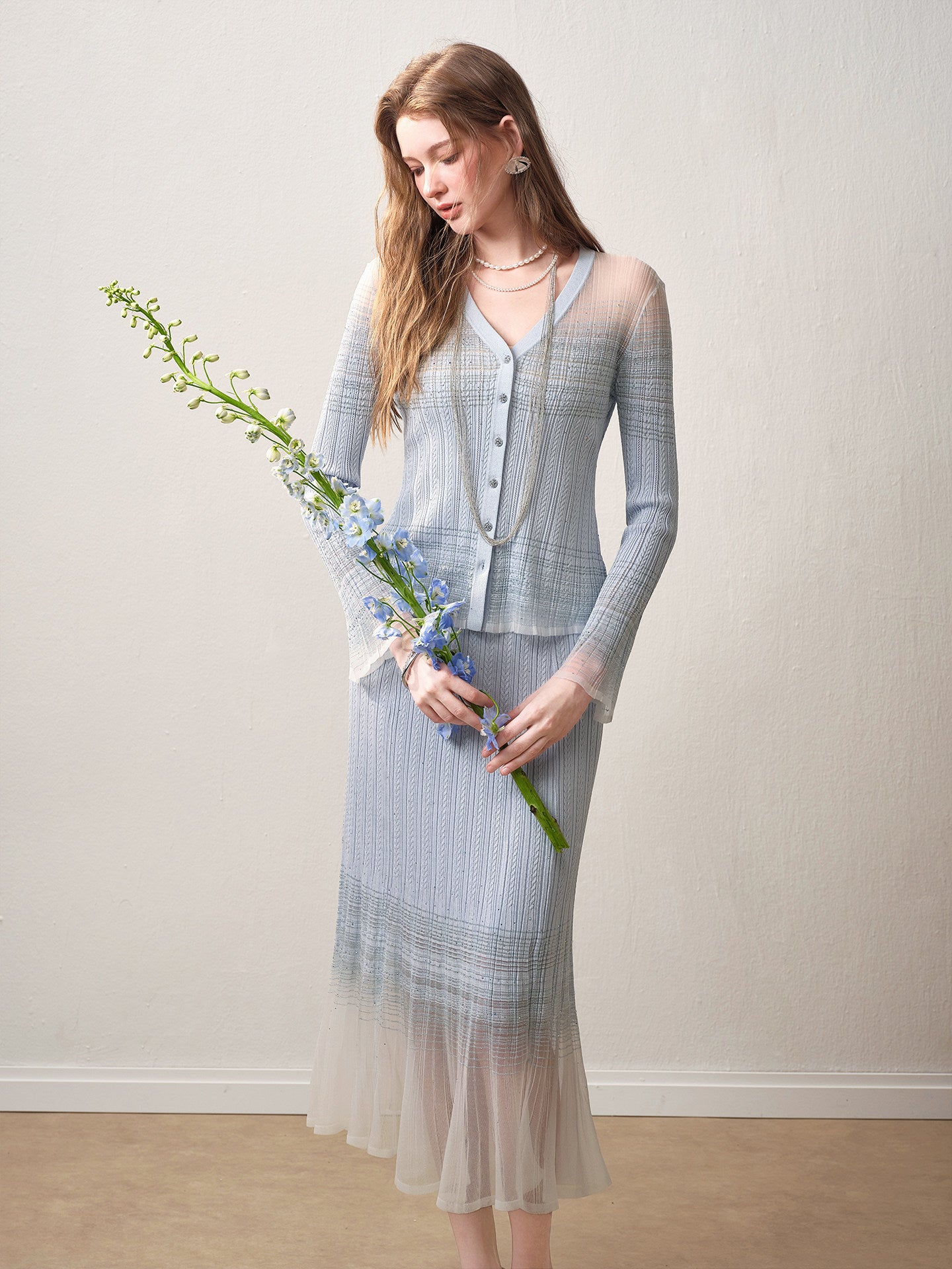 Delphinium Long-sleeve Button-Front Gradient Mesh Knit Mermaid Co-ord