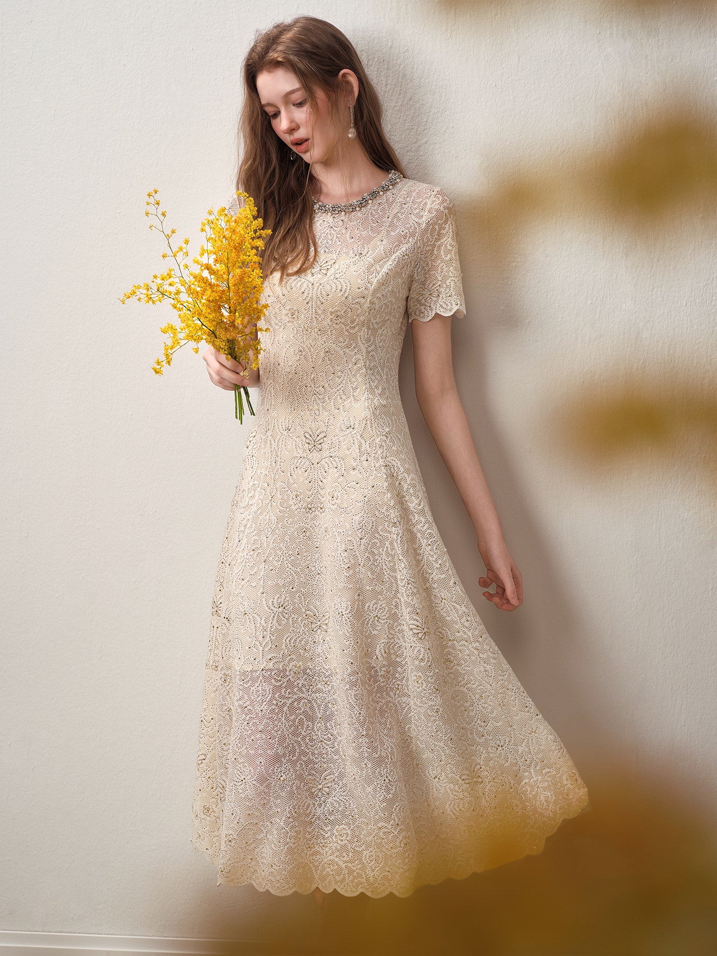 Cream White Beaded-neck Lace Knit Mermaid Midi Dress