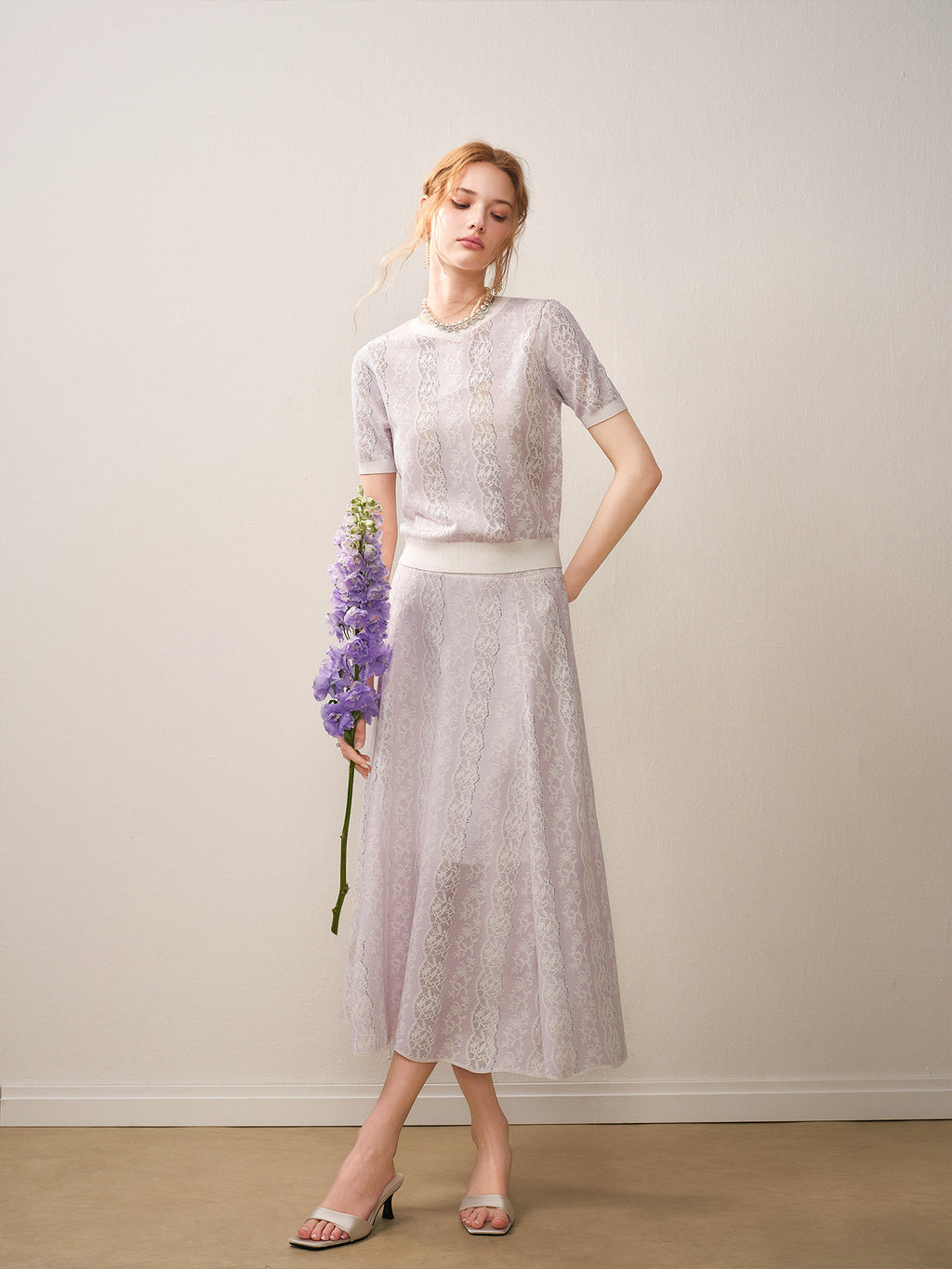 Lilac Violet Crew Neck Knit A-line Midi Dress