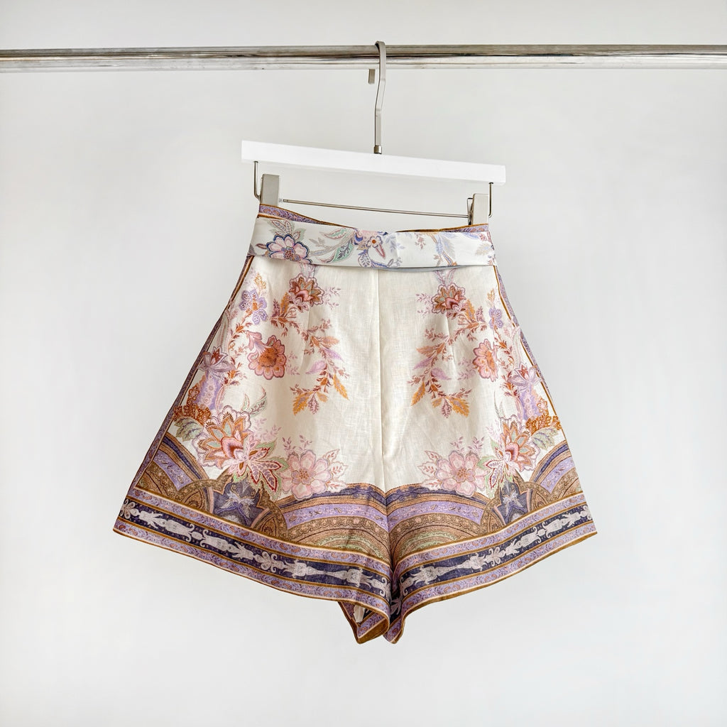 Cream Vintage Scarf Print Bow-Tie High-Waisted A-line Shorts