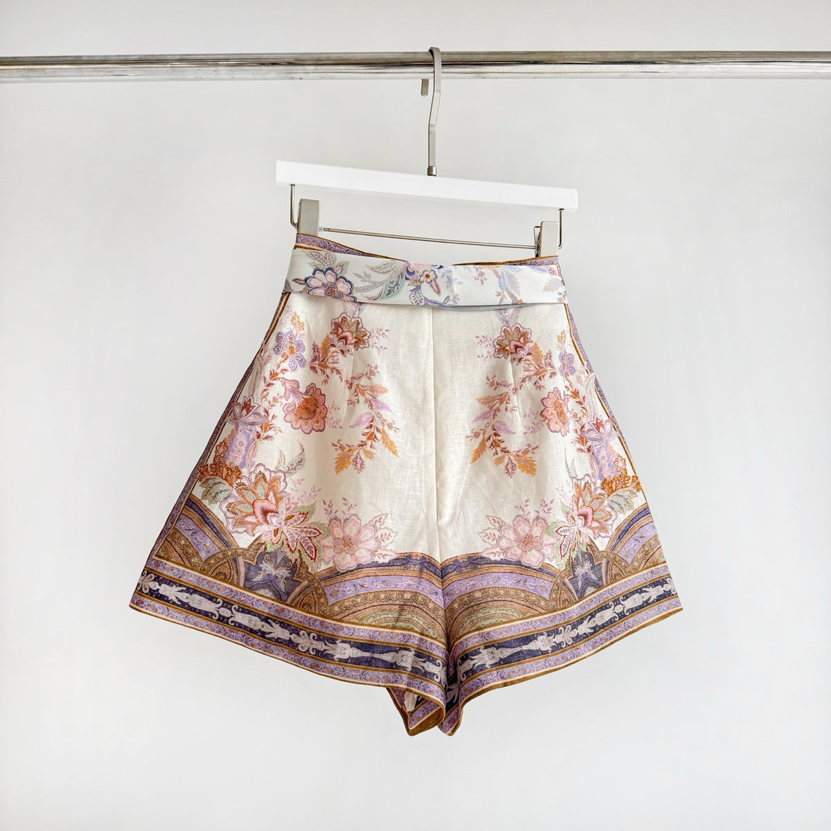 Cream Vintage Scarf Print Bow-Tie High-Waisted A-line Shorts