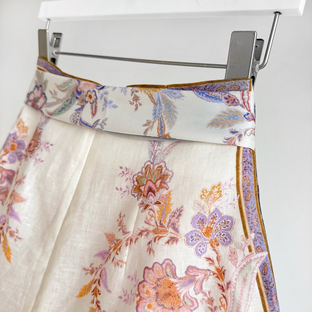 Cream Vintage Scarf Print Bow-Tie High-Waisted A-line Shorts