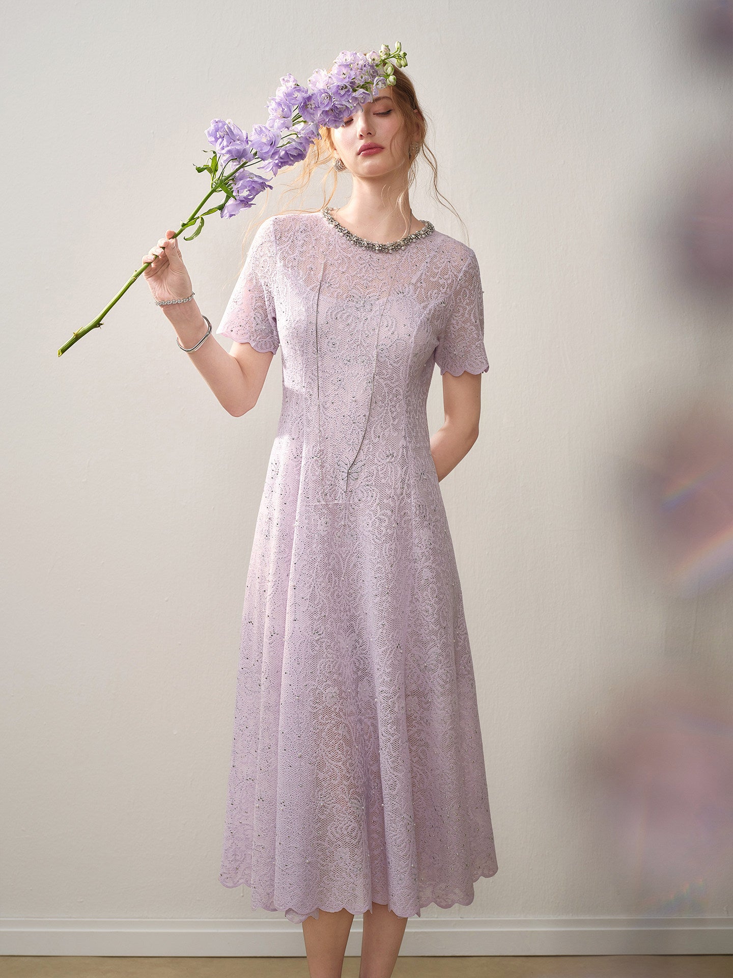 Lilac Beaded Collar Sparkly Lace Midi Dress