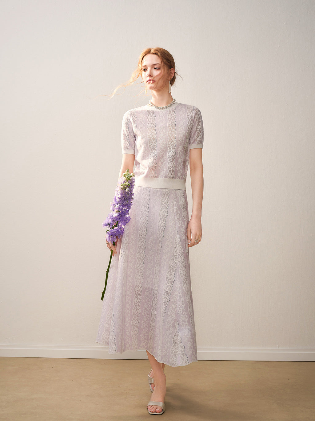 Lilac Violet Crew Neck Knit A-line Midi Dress