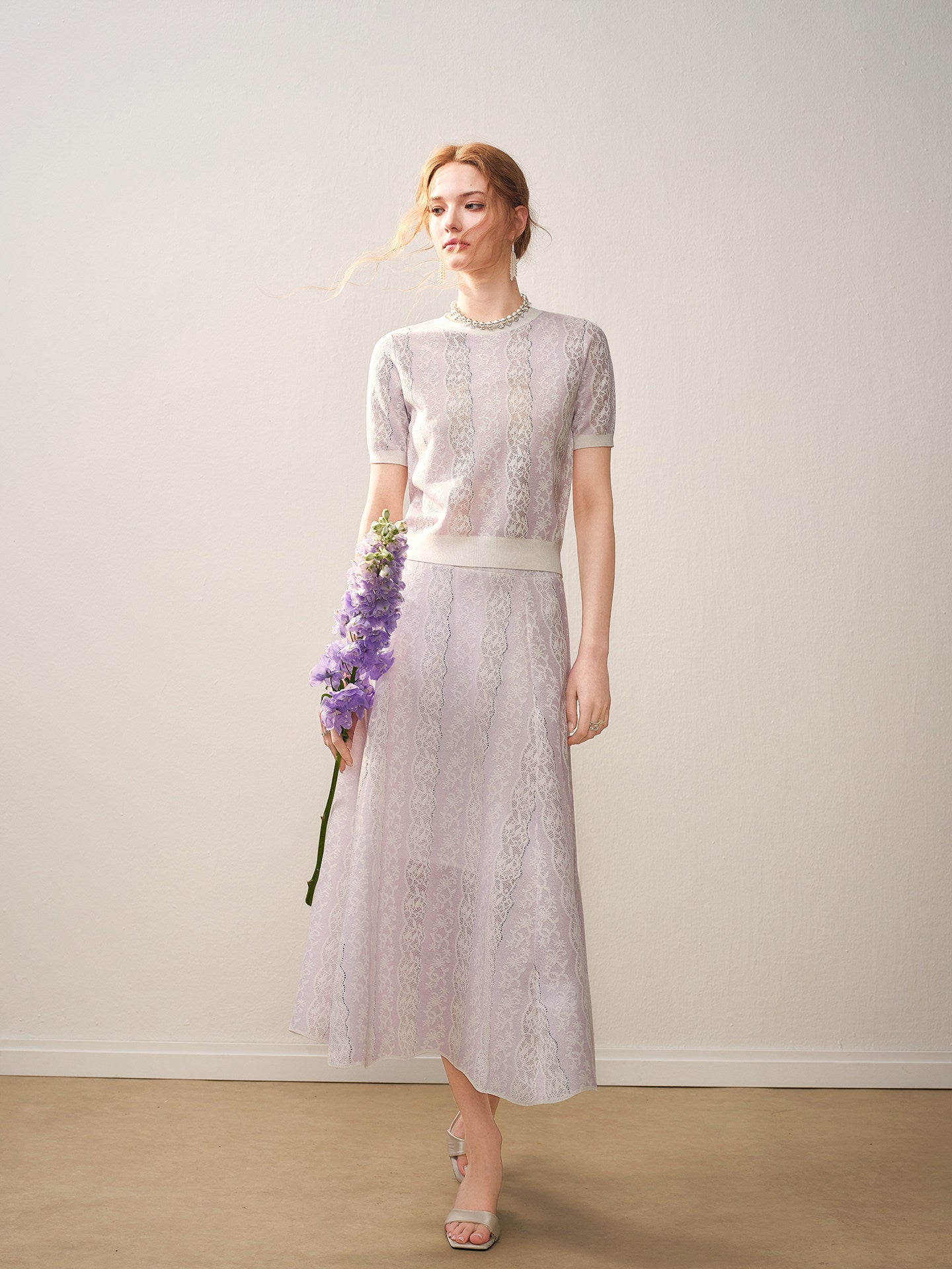 Lilac Violet Crew Neck Knit A-line Midi Dress