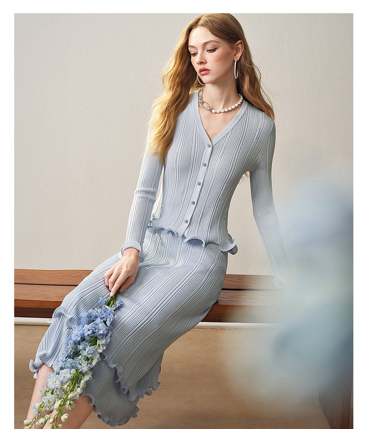 Sky Blue Ruffle Knit Co-ord Set