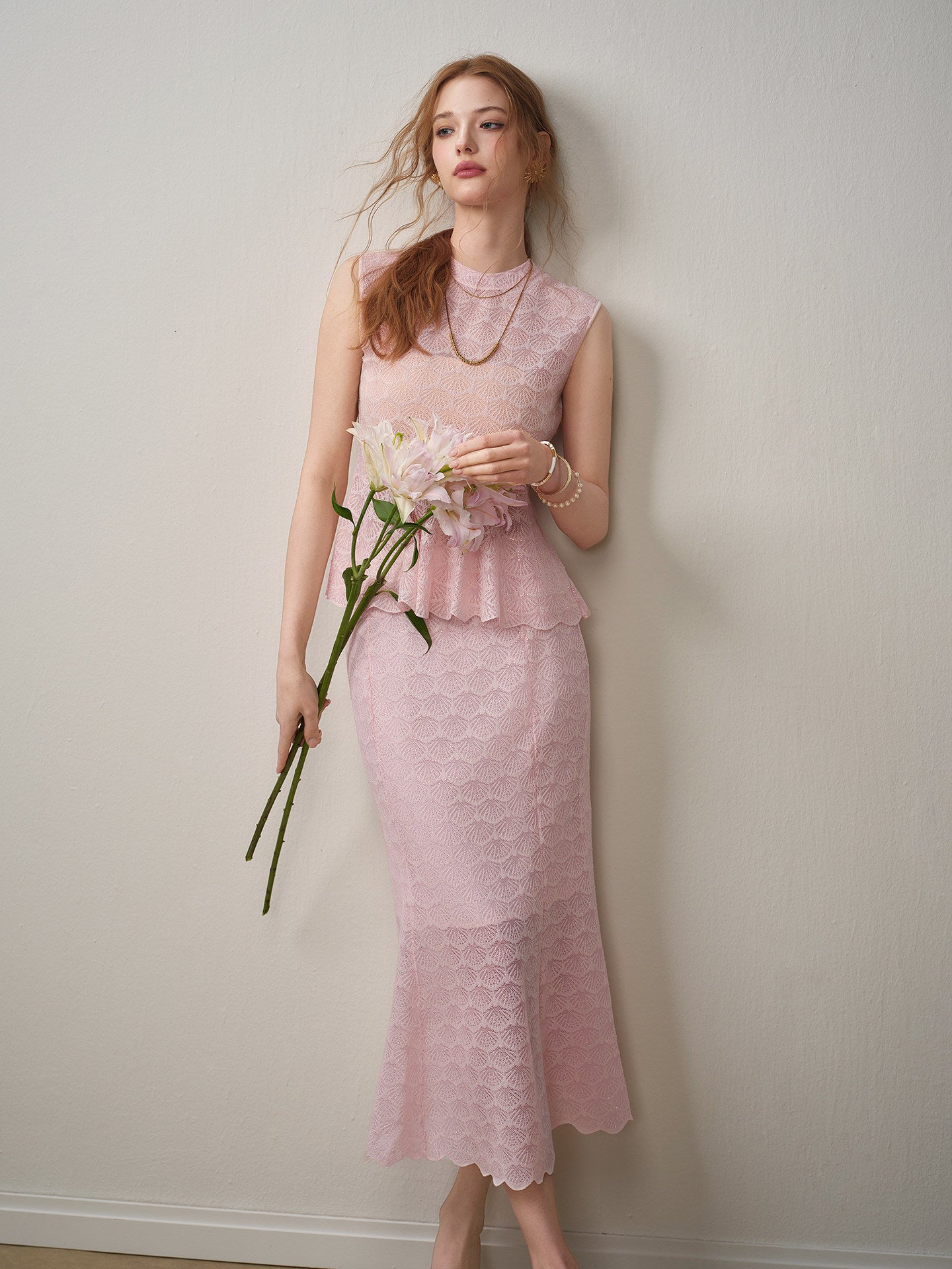 Blush Shell Lace Peplum Mermaid Co-ord