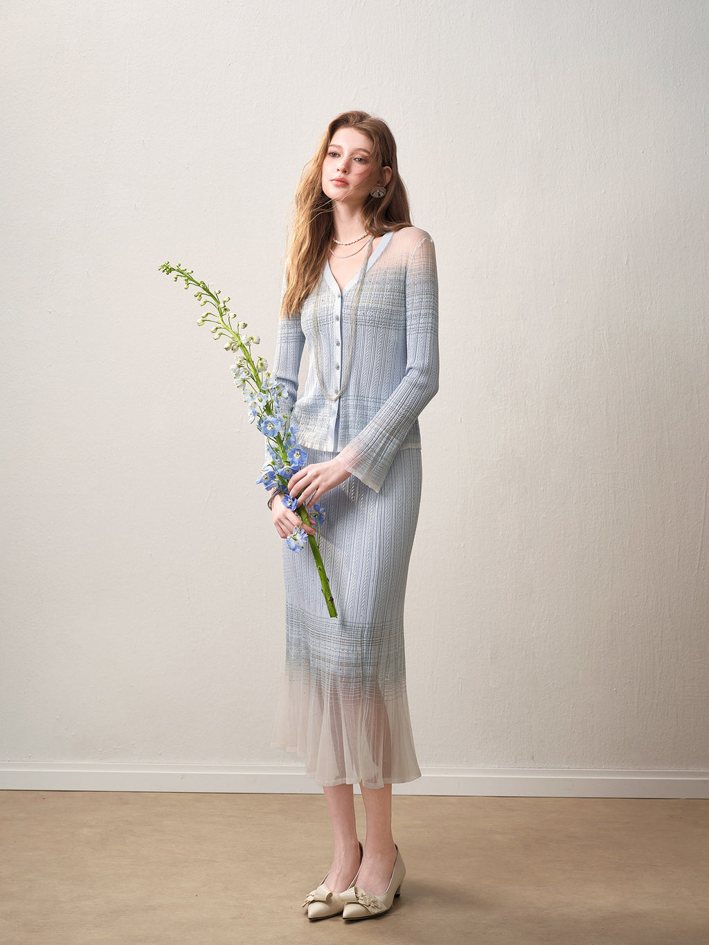 Delphinium Long-sleeve Button-Front Gradient Mesh Knit Mermaid Co-ord