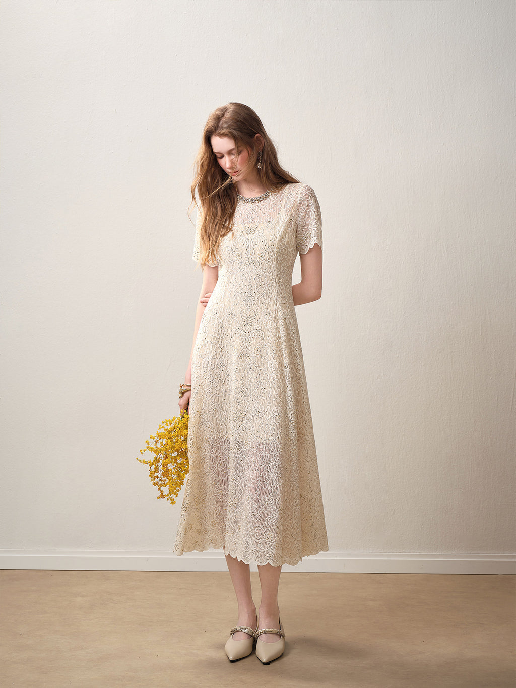 Cream White Beaded-neck Lace Knit Mermaid Midi Dress