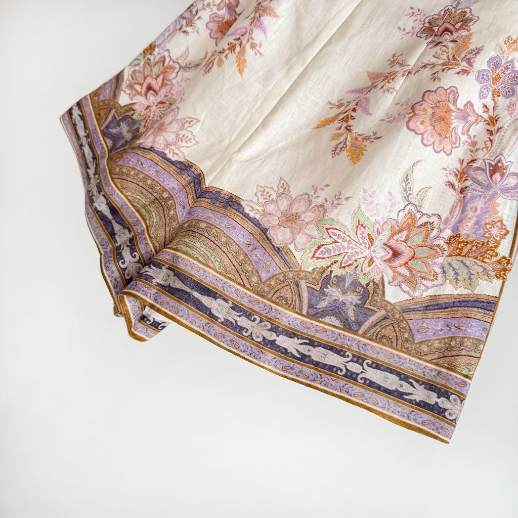 Cream Vintage Scarf Print Bow-Tie High-Waisted A-line Shorts