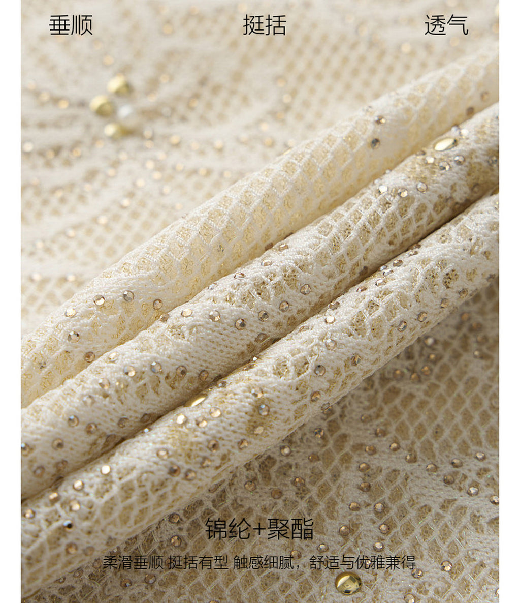 Cream White Beaded-neck Lace Knit Mermaid Midi Dress