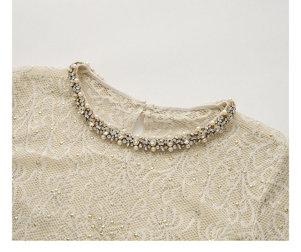 Cream White Beaded-neck Lace Knit Mermaid Midi Dress