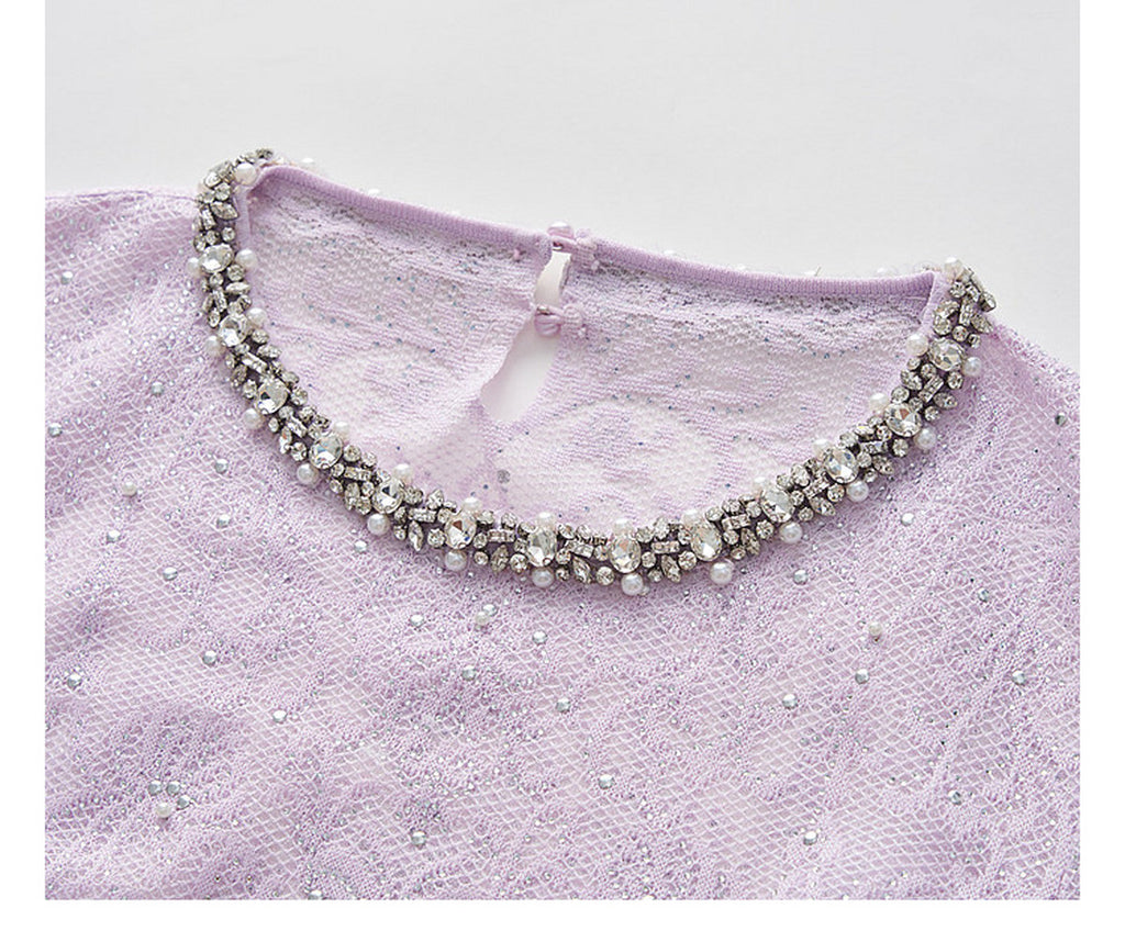Lilac Beaded Collar Sparkly Lace Midi Dress