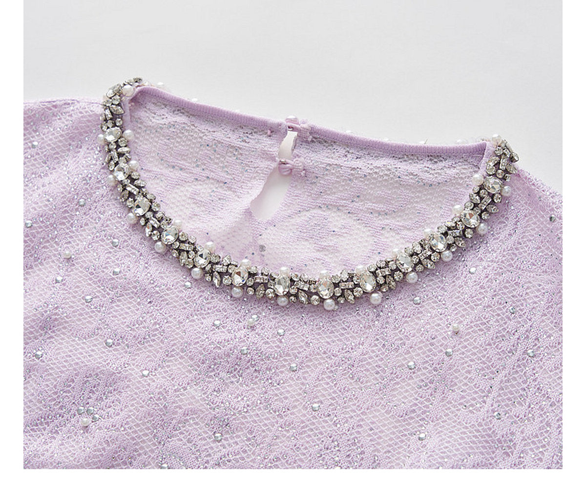 Lilac Beaded Collar Sparkly Lace Midi Dress