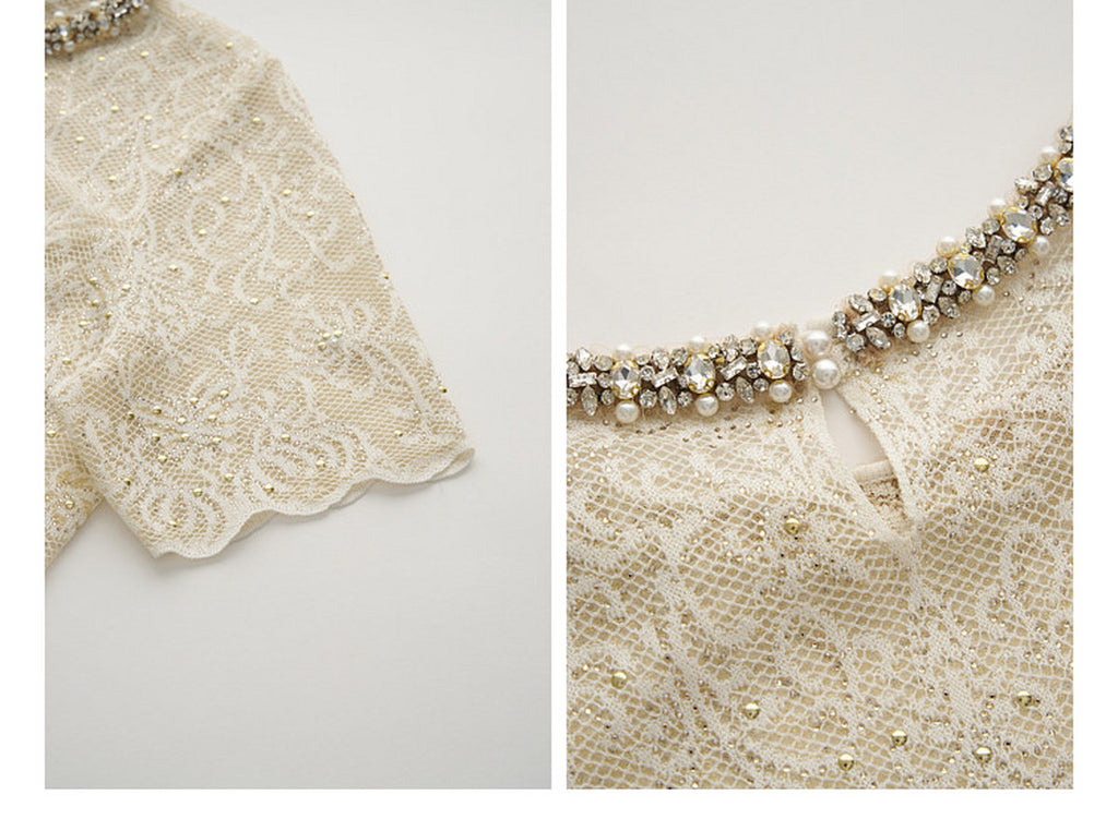 Cream White Beaded-neck Lace Knit Mermaid Midi Dress