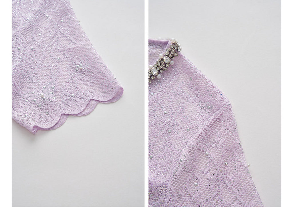 Lilac Beaded Collar Sparkly Lace Midi Dress