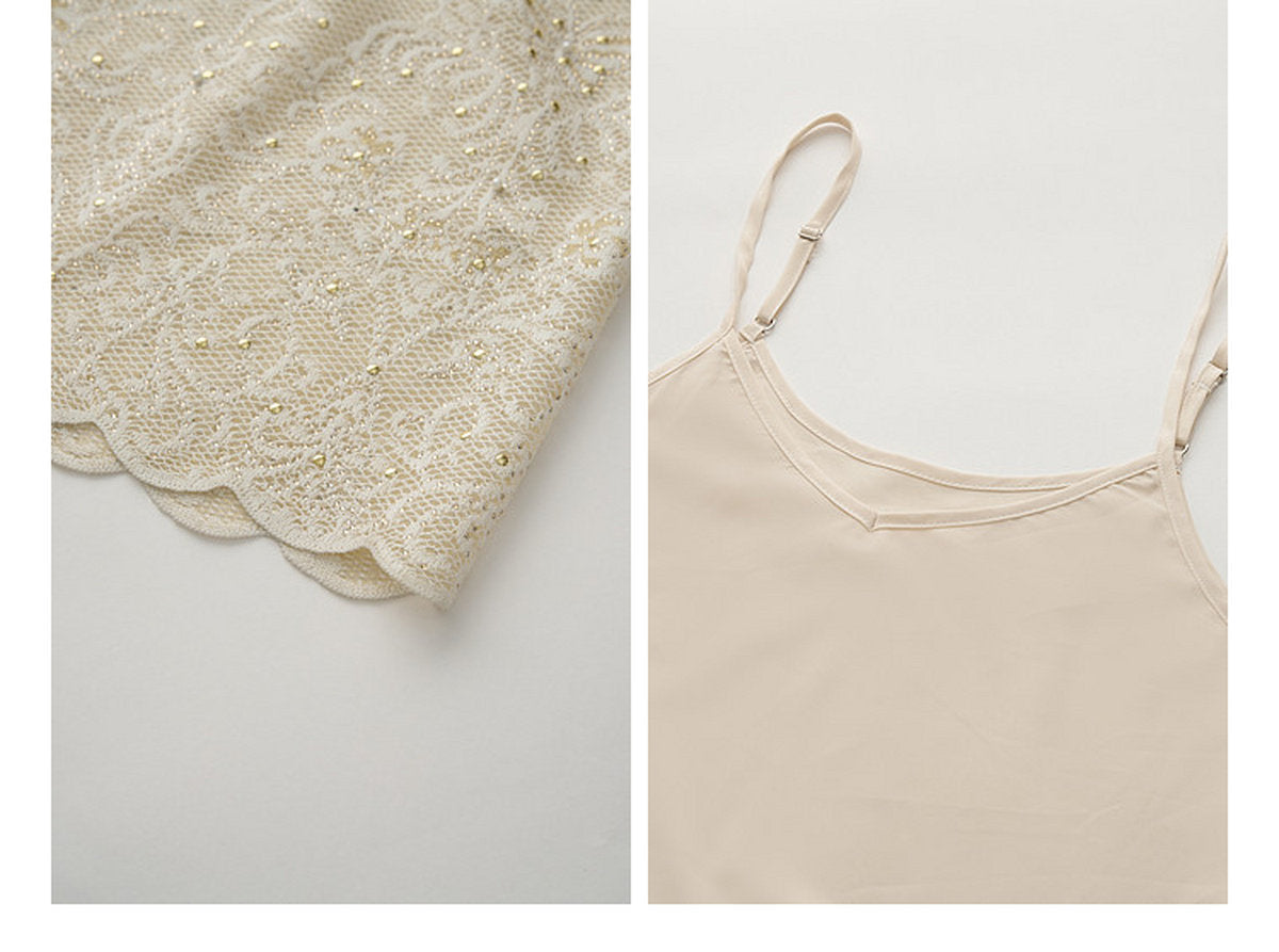Cream White Beaded-neck Lace Knit Mermaid Midi Dress