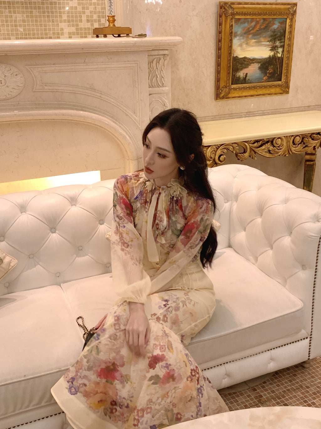 Monet's Garden Vintage Floral Co‑ord, Long Sleeve Blouse & Mermaid Skirt Two‑Piece Outfit