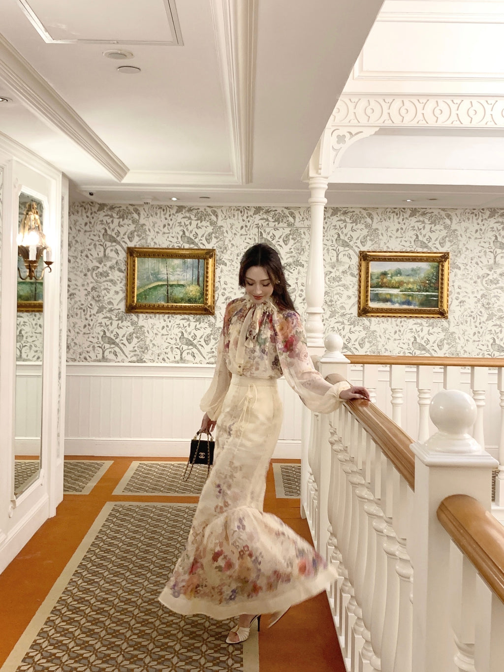 Monet's Garden Vintage Floral Co‑ord, Long Sleeve Blouse & Mermaid Skirt Two‑Piece Outfit