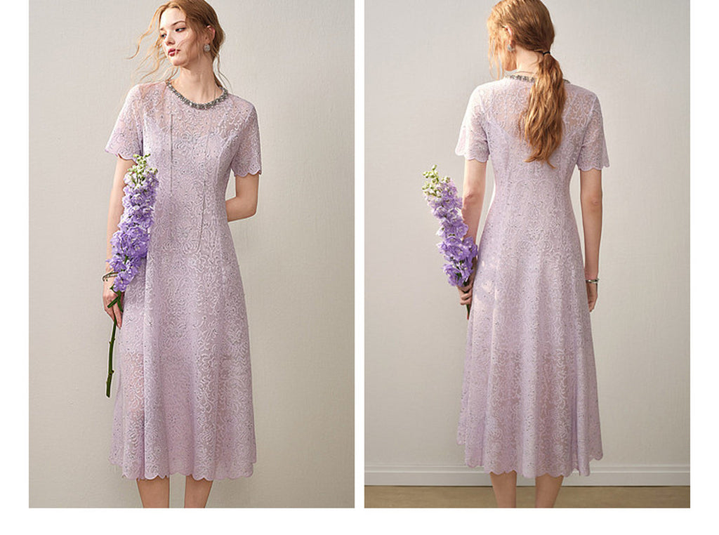 Lilac Beaded Collar Sparkly Lace Midi Dress