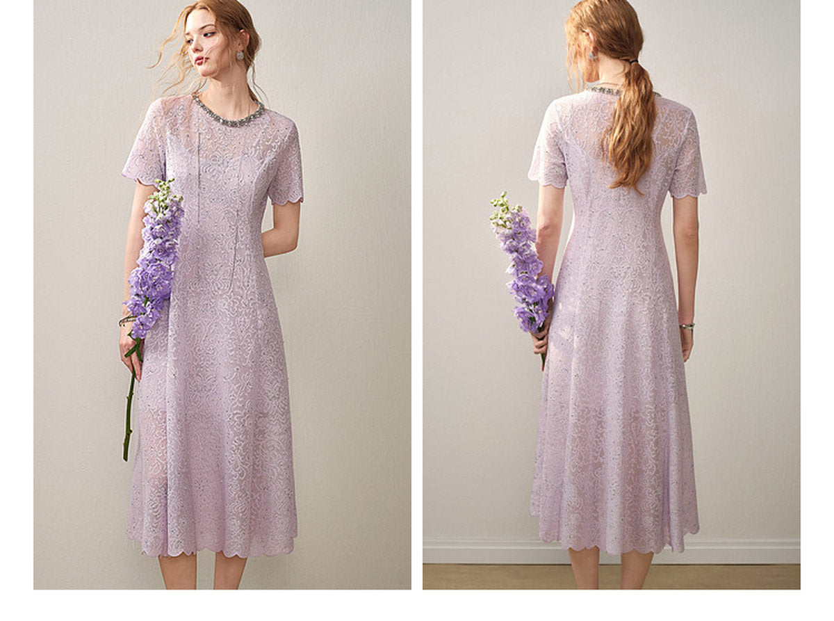 Lilac Beaded Collar Sparkly Lace Midi Dress
