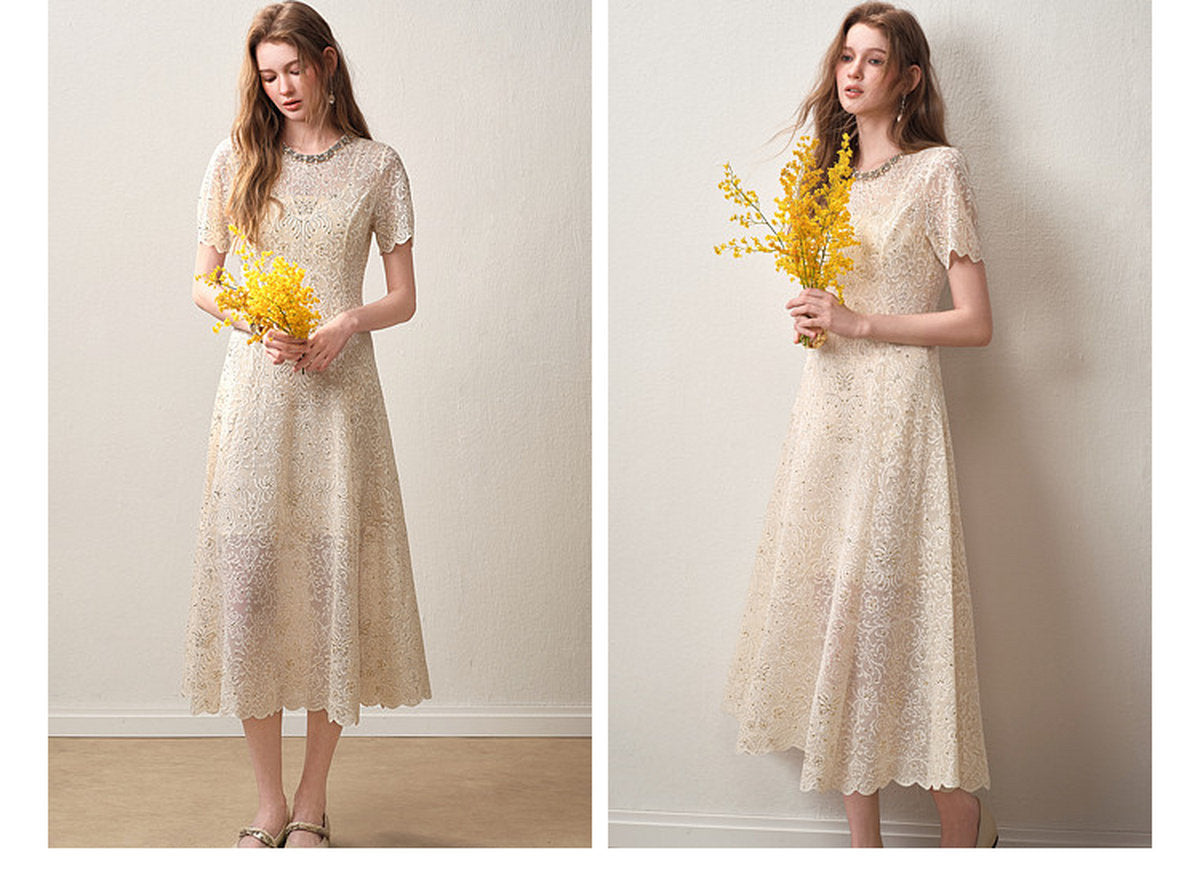 Cream White Beaded-neck Lace Knit Mermaid Midi Dress