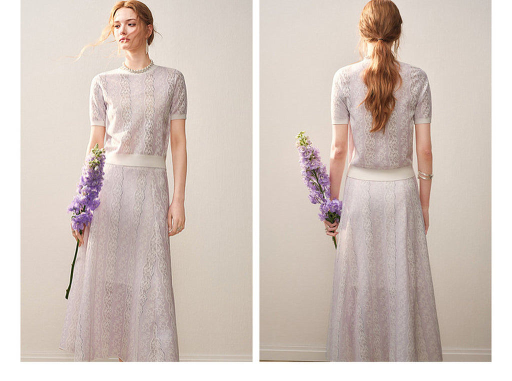 Lilac Violet Crew Neck Knit A-line Midi Dress