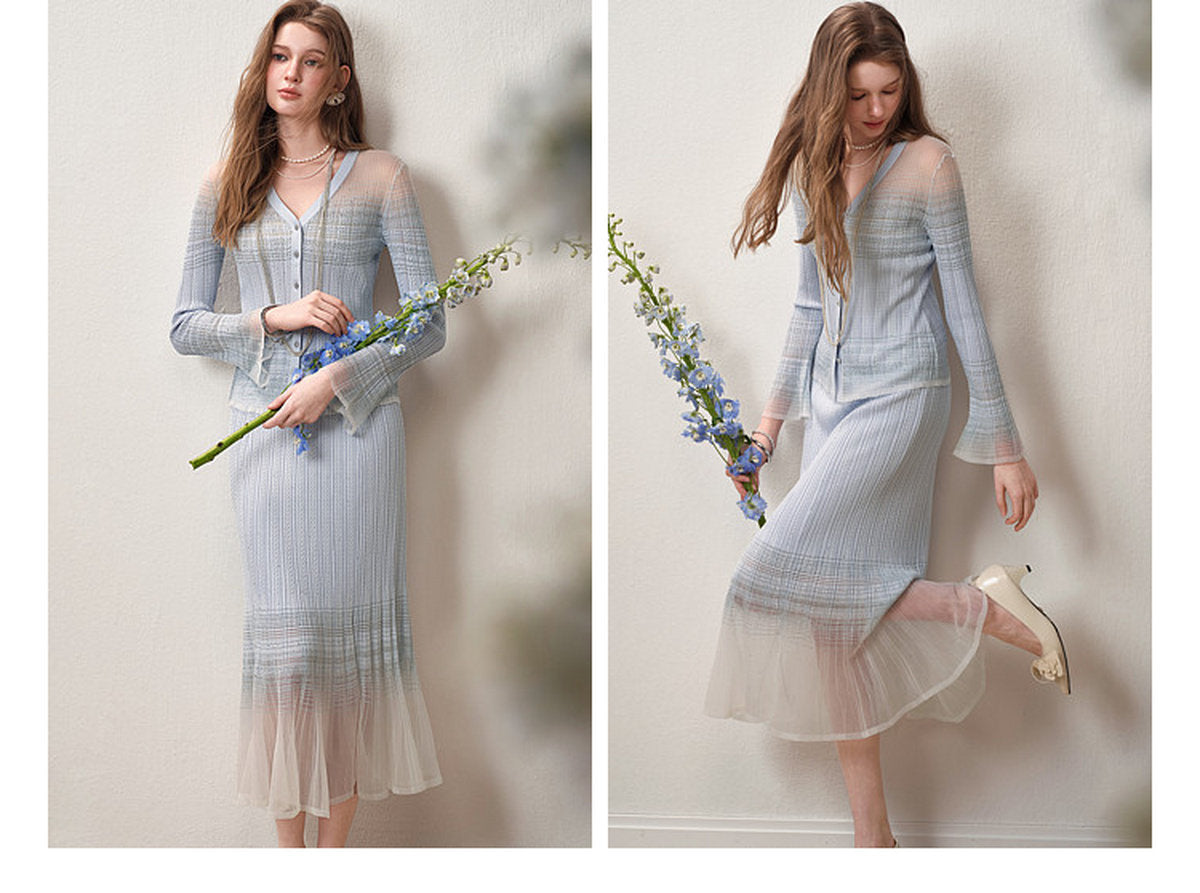 Delphinium Long-sleeve Button-Front Gradient Mesh Knit Mermaid Co-ord