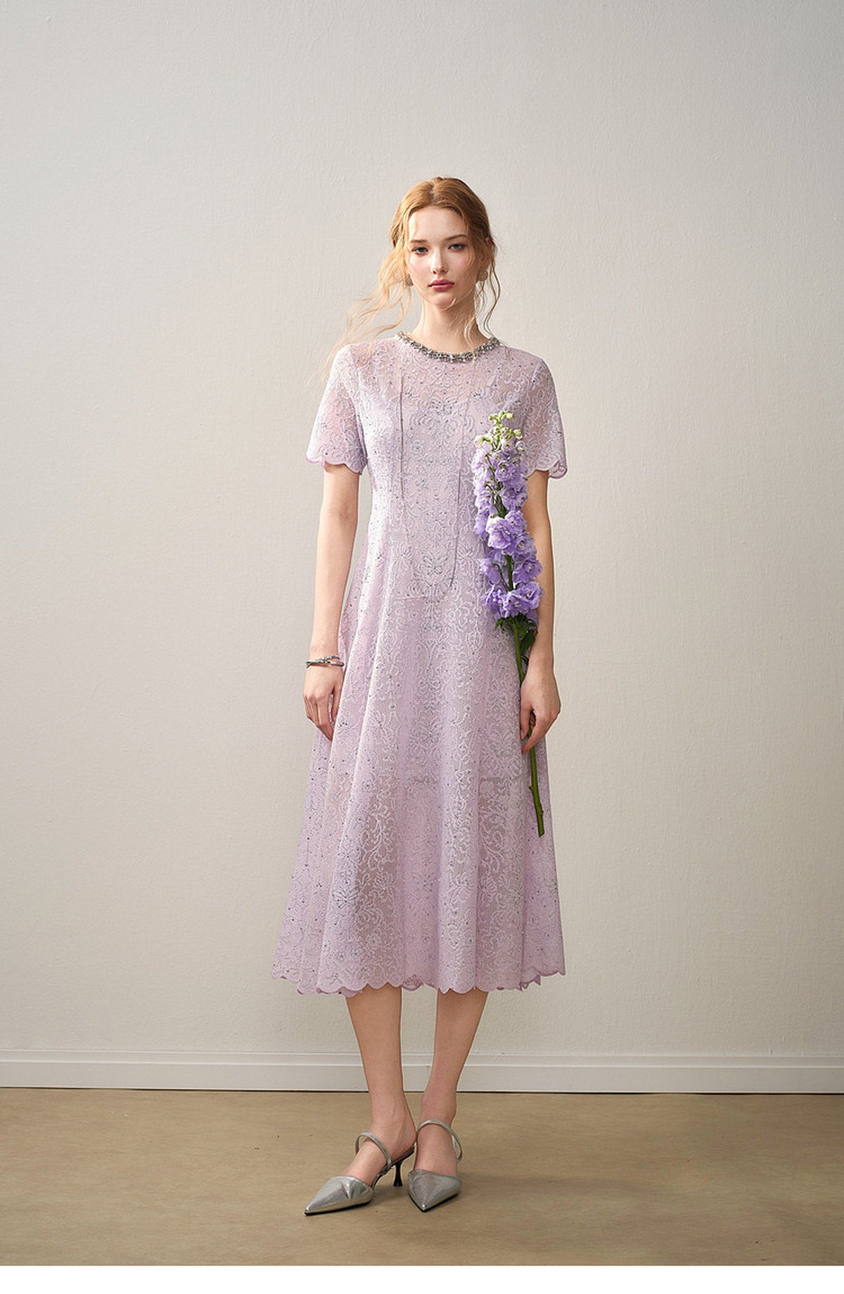Lilac Beaded Collar Sparkly Lace Midi Dress