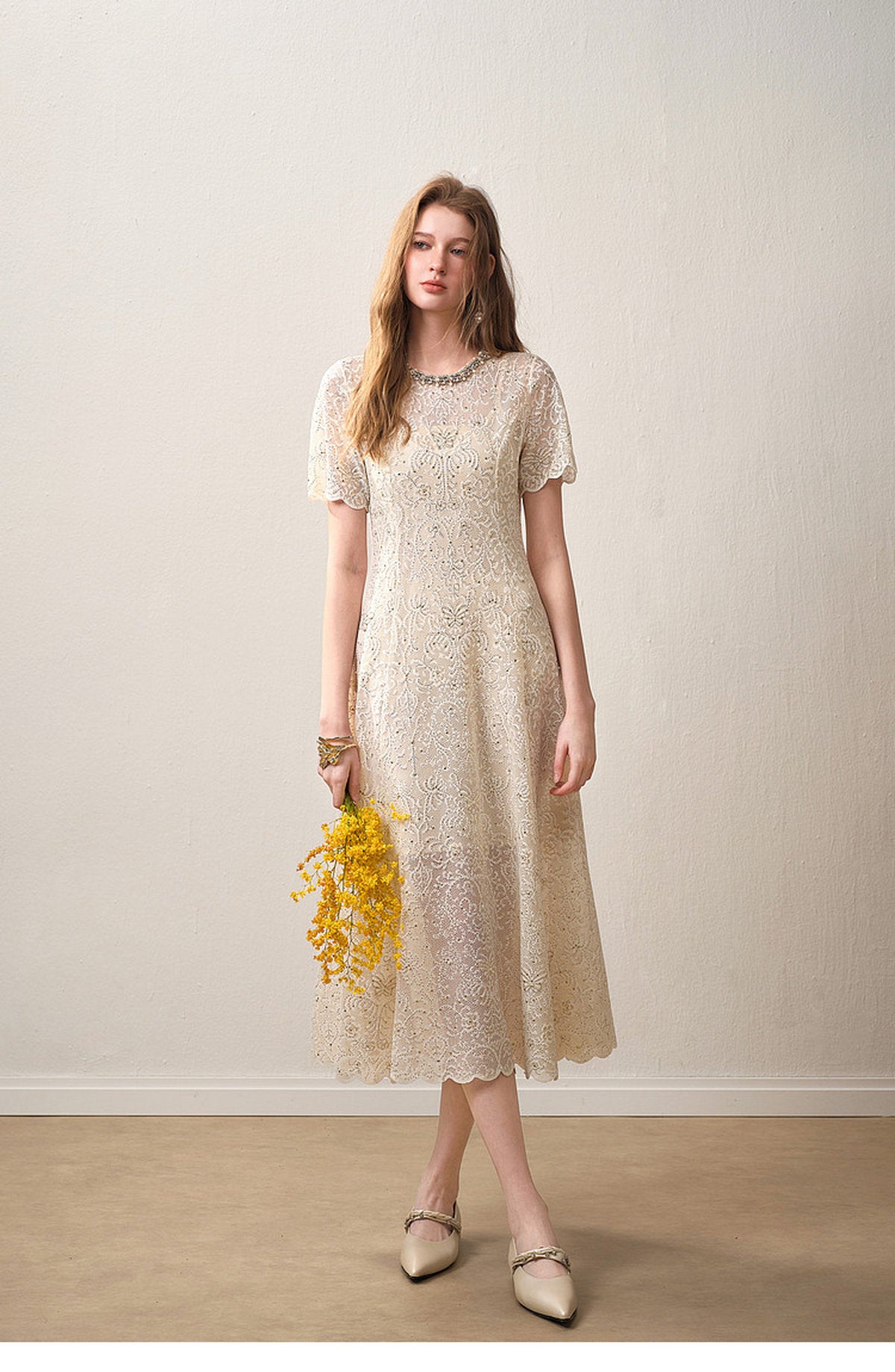 Cream White Beaded-neck Lace Knit Mermaid Midi Dress