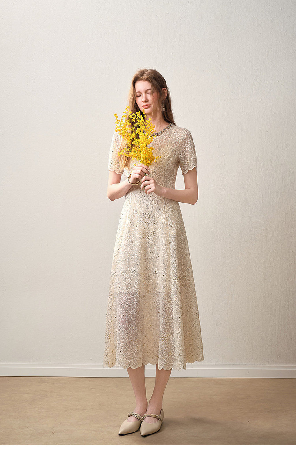 Cream White Beaded-neck Lace Knit Mermaid Midi Dress